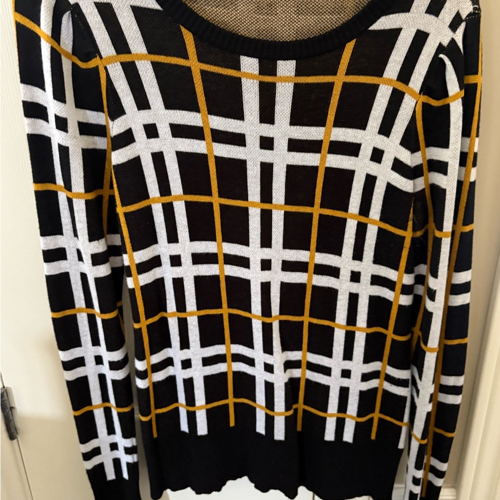 Black and White Plaid Sweater with Gold Accents
